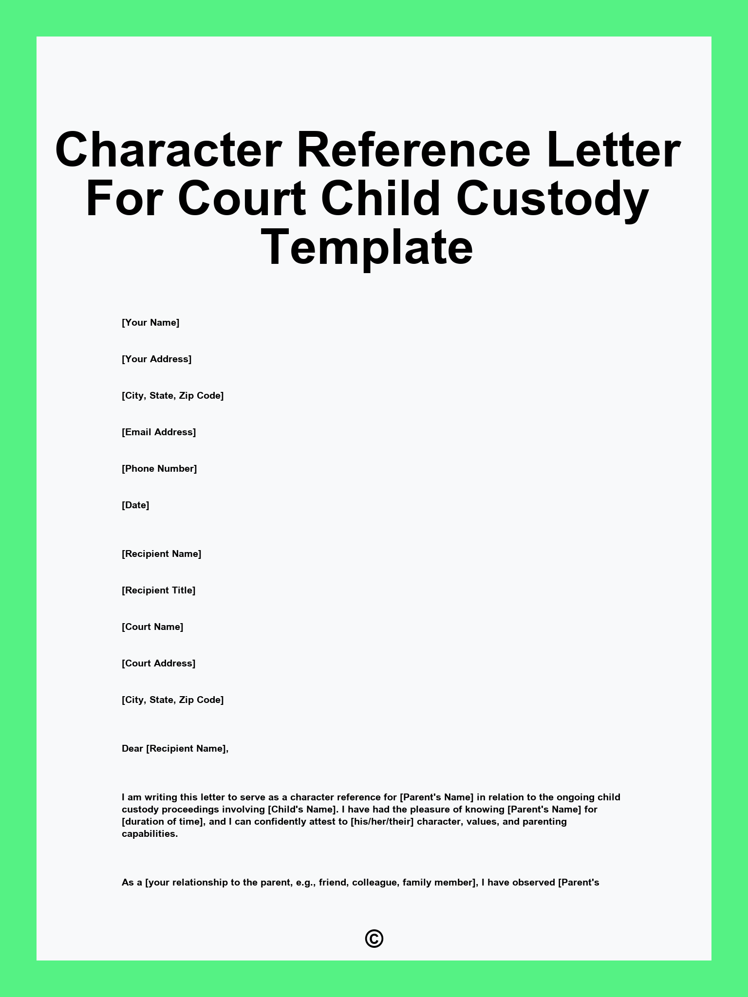 Character Reference Letter For Court Child Custody Template