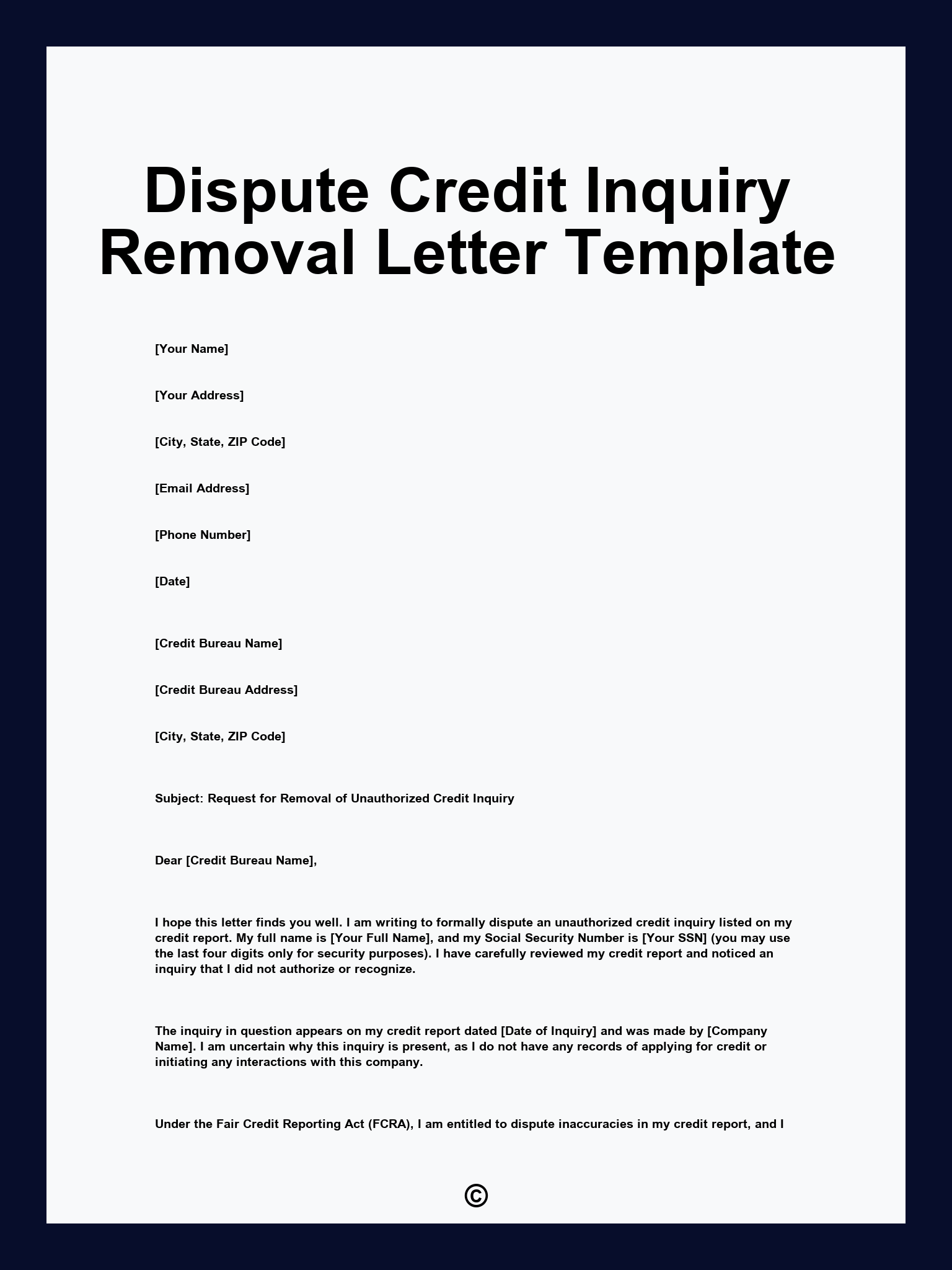 Dispute Credit Inquiry Removal Letter Template