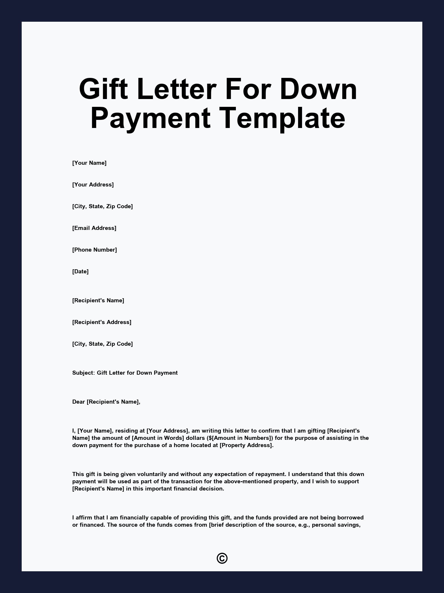 Gift Letter For Down Payment Template