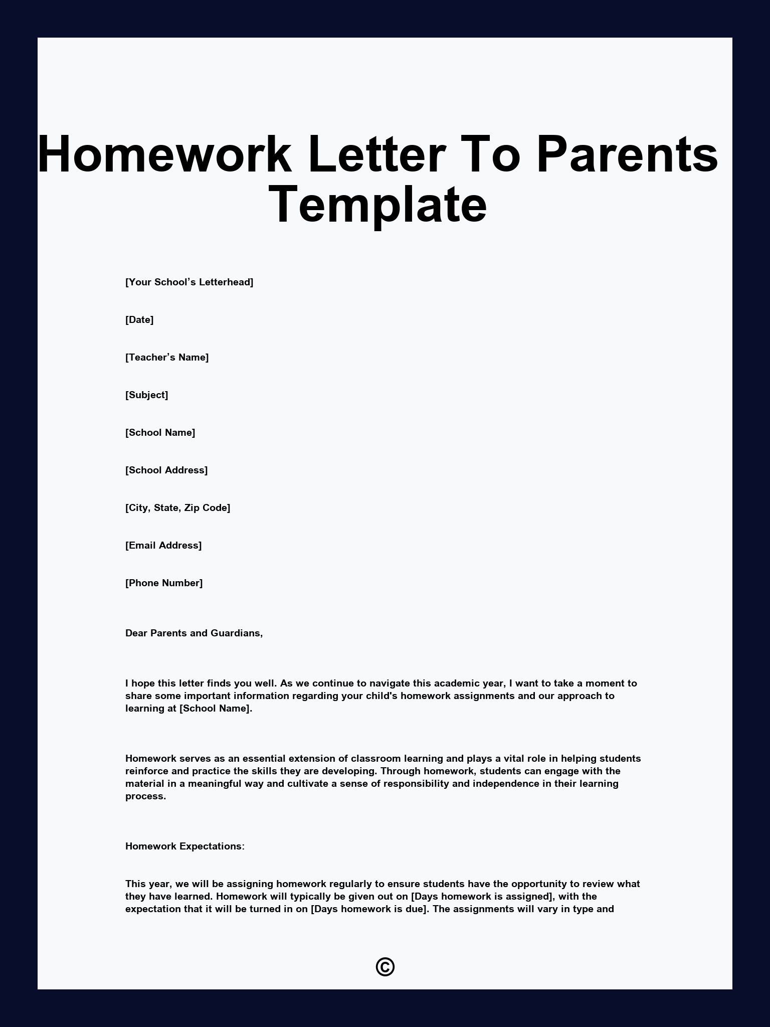 Homework Letter To Parents Template