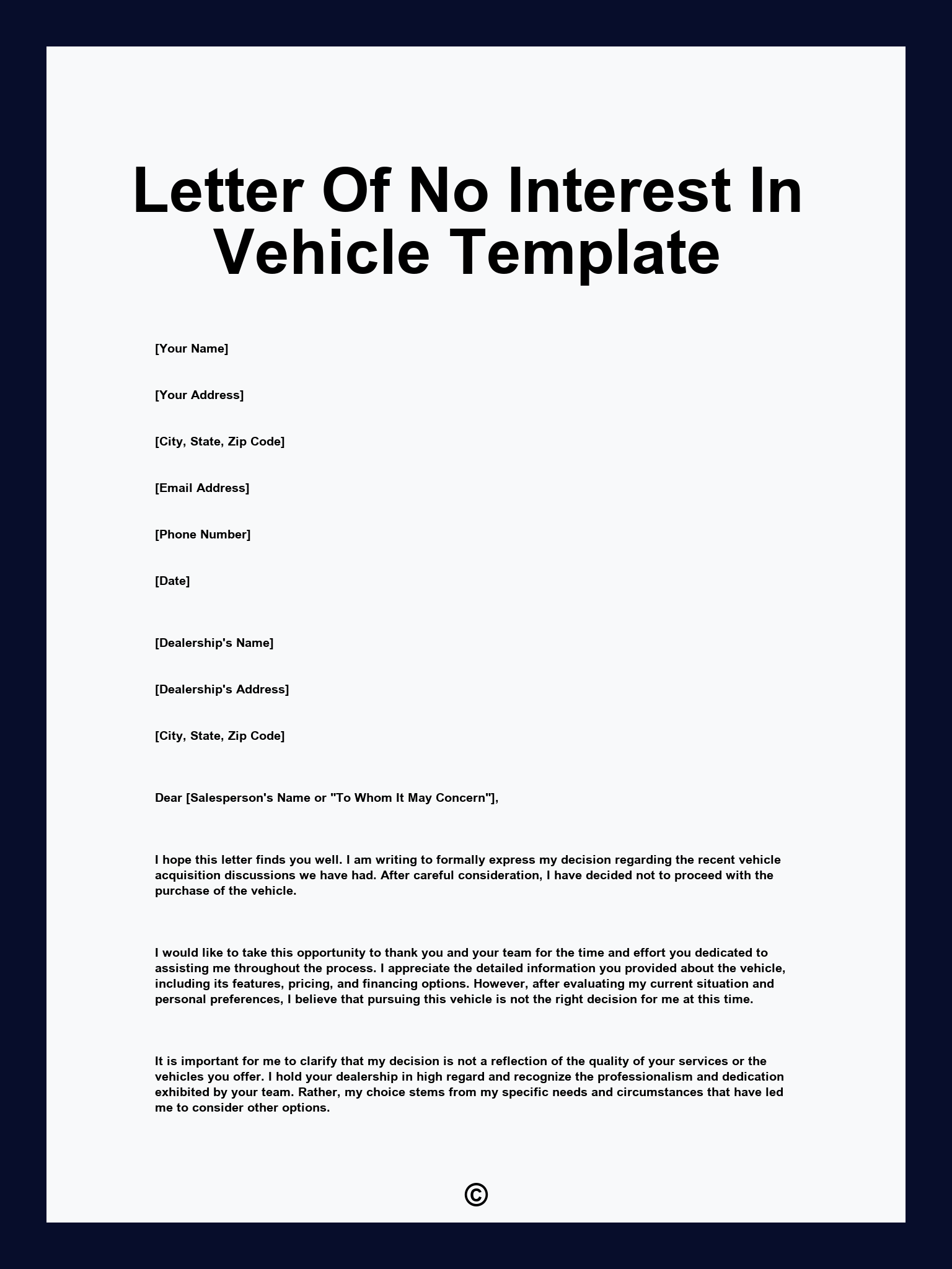 Letter Of No Interest In Vehicle Template