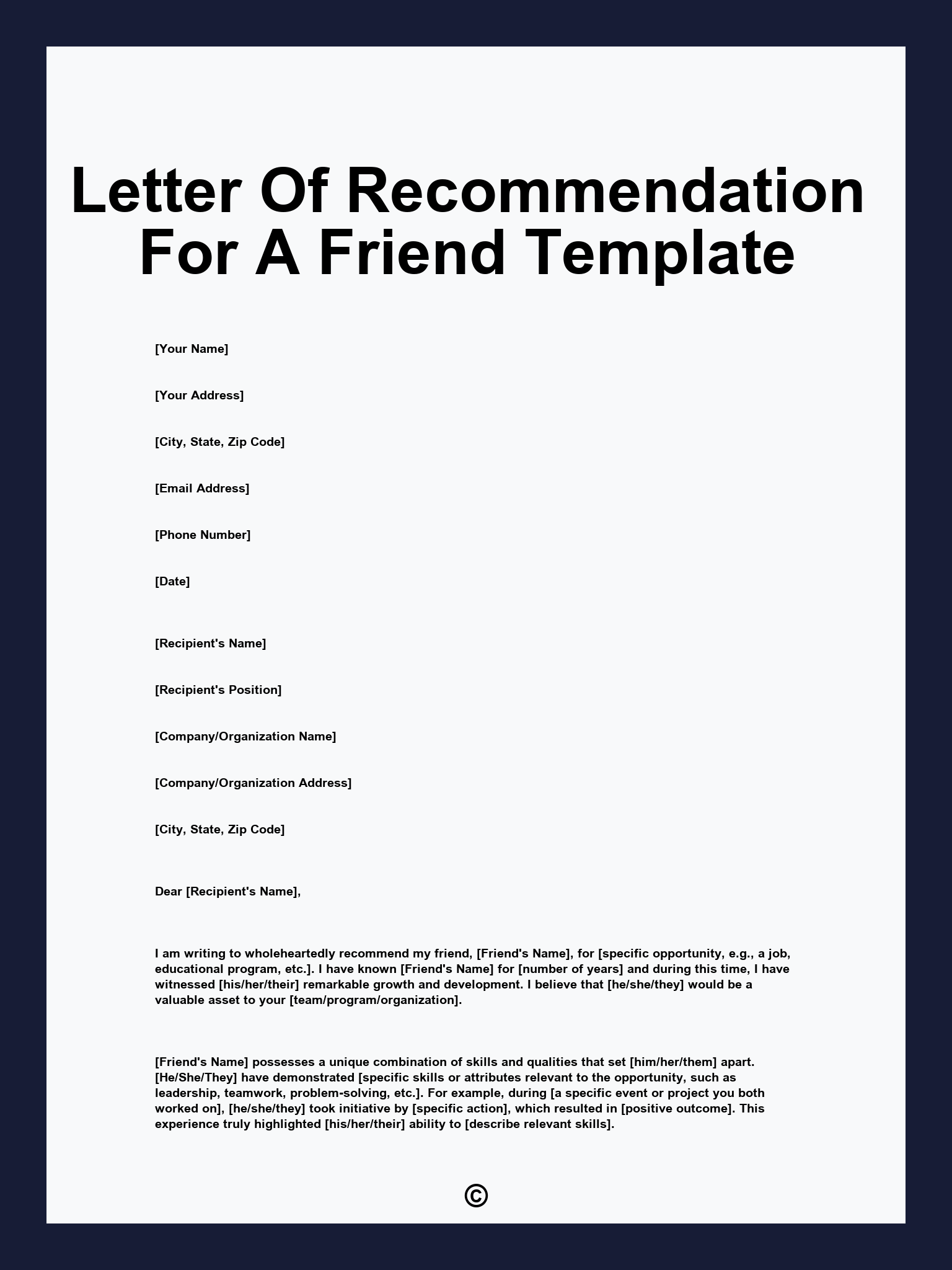 Letter Of Recommendation For A Friend Template