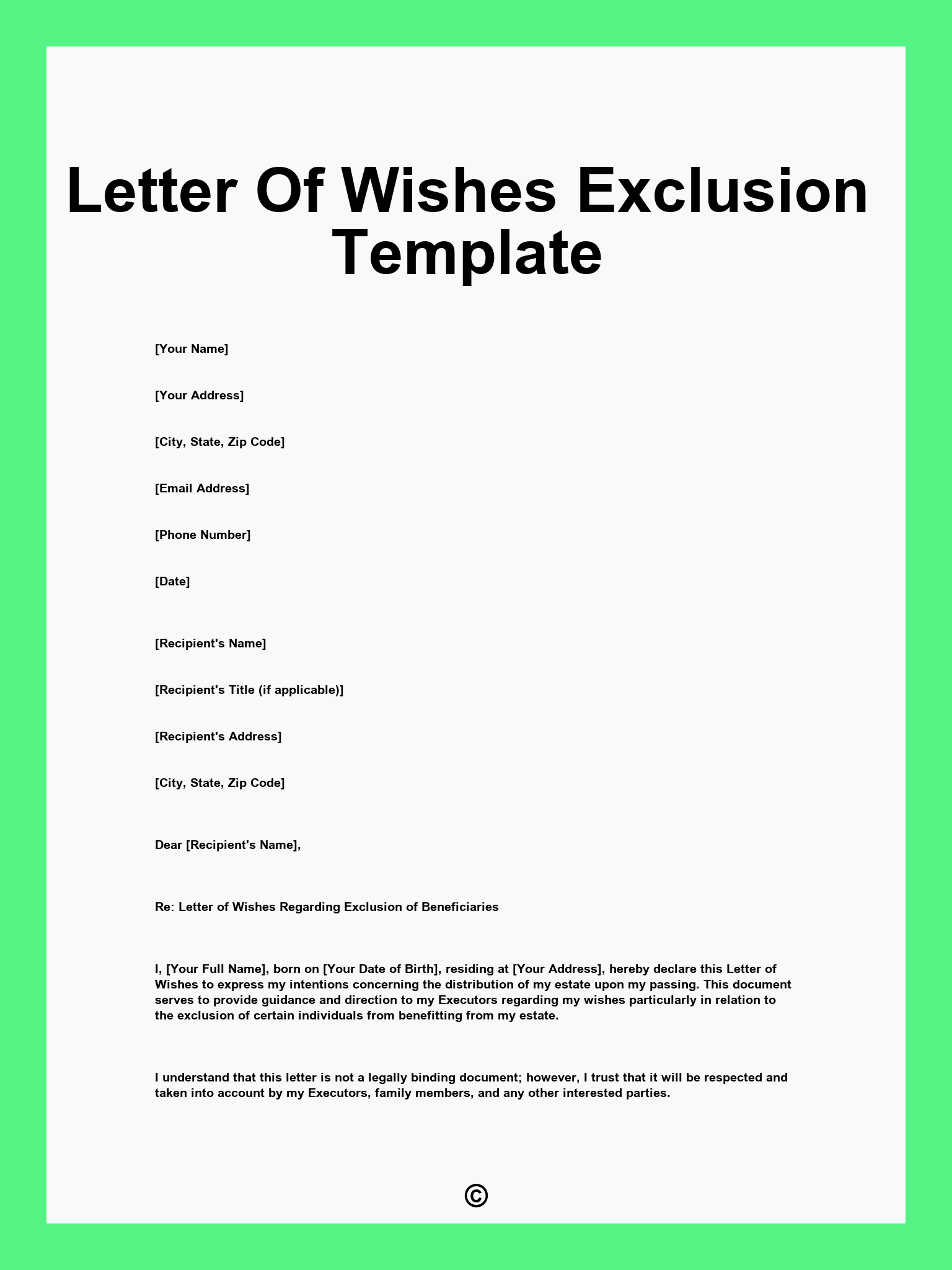 Letter Of Wishes Exclusion Template