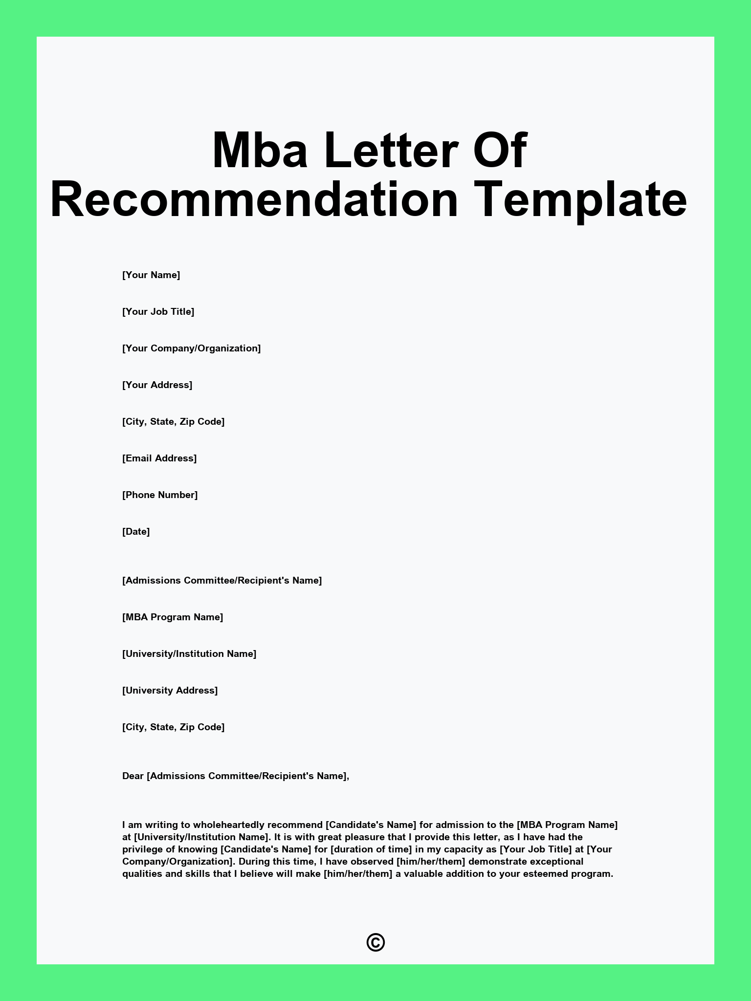 Mba Letter Of Recommendation Template
