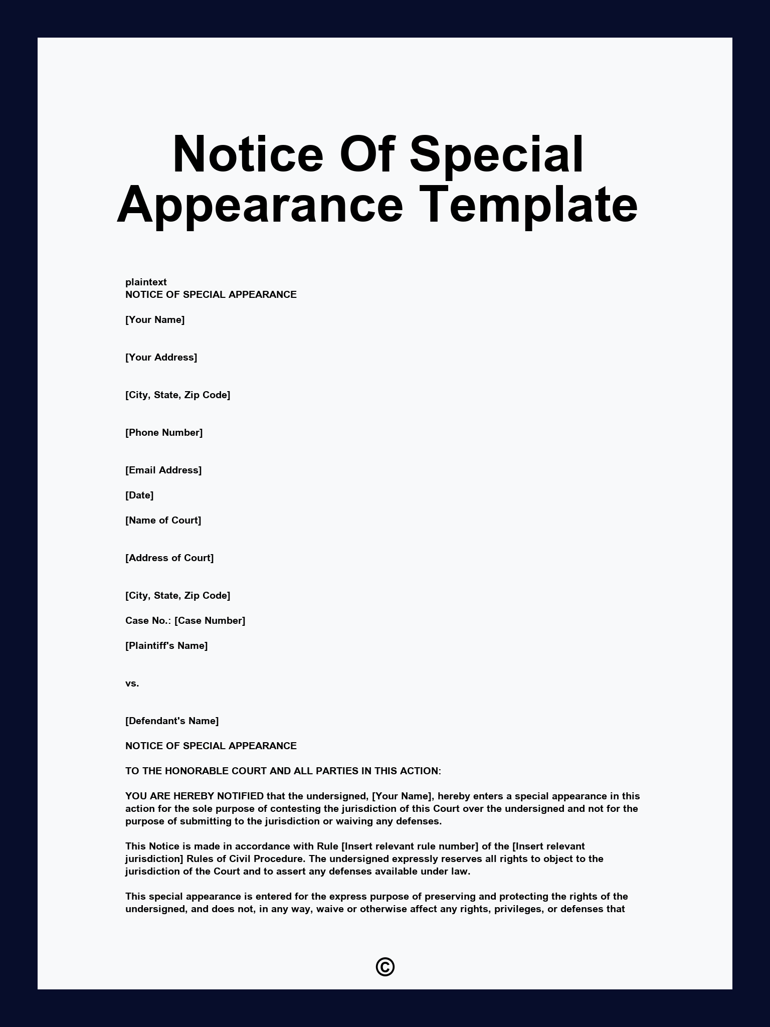 Notice Of Special Appearance Template