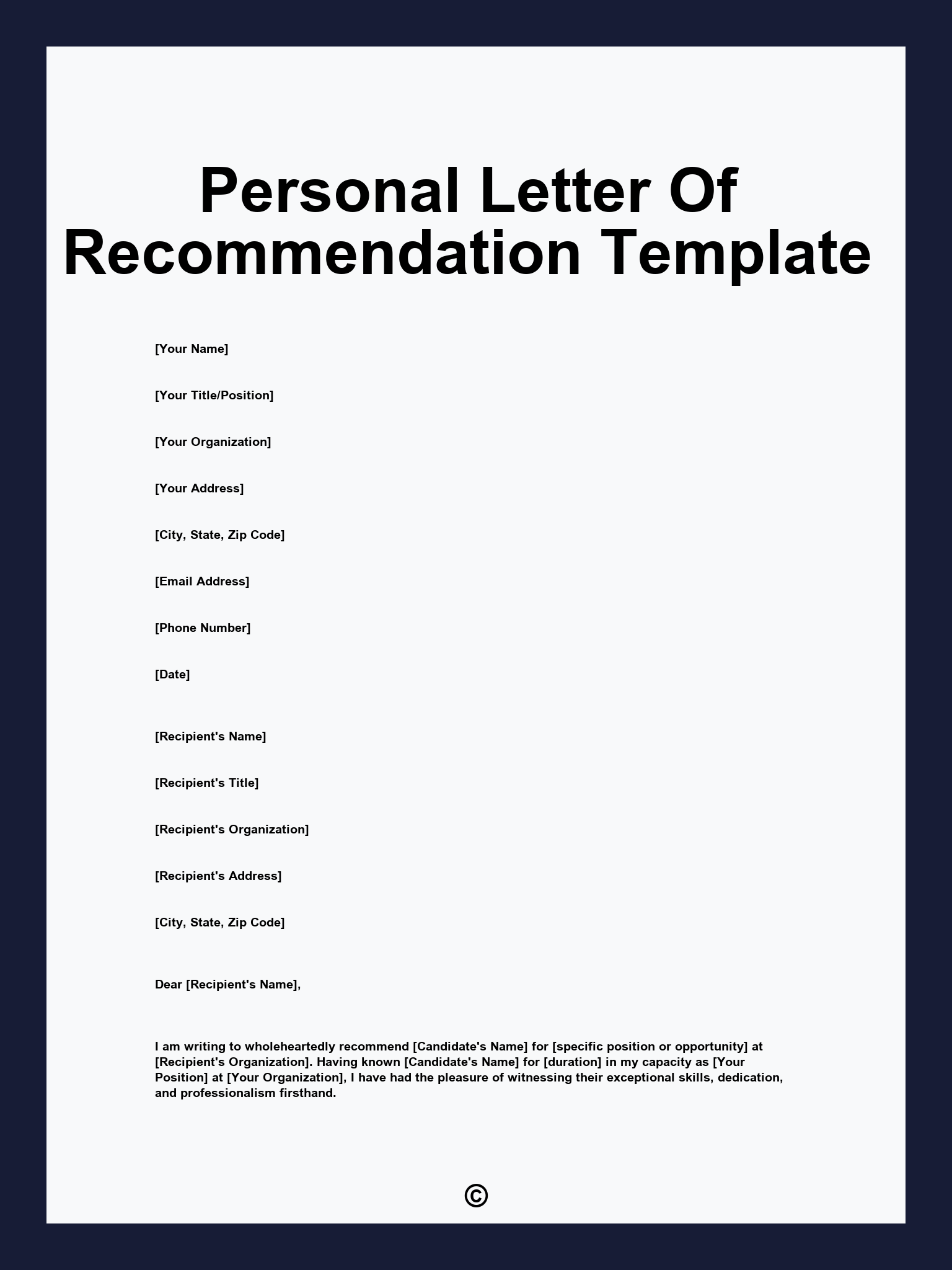 Personal Letter Of Recommendation Template