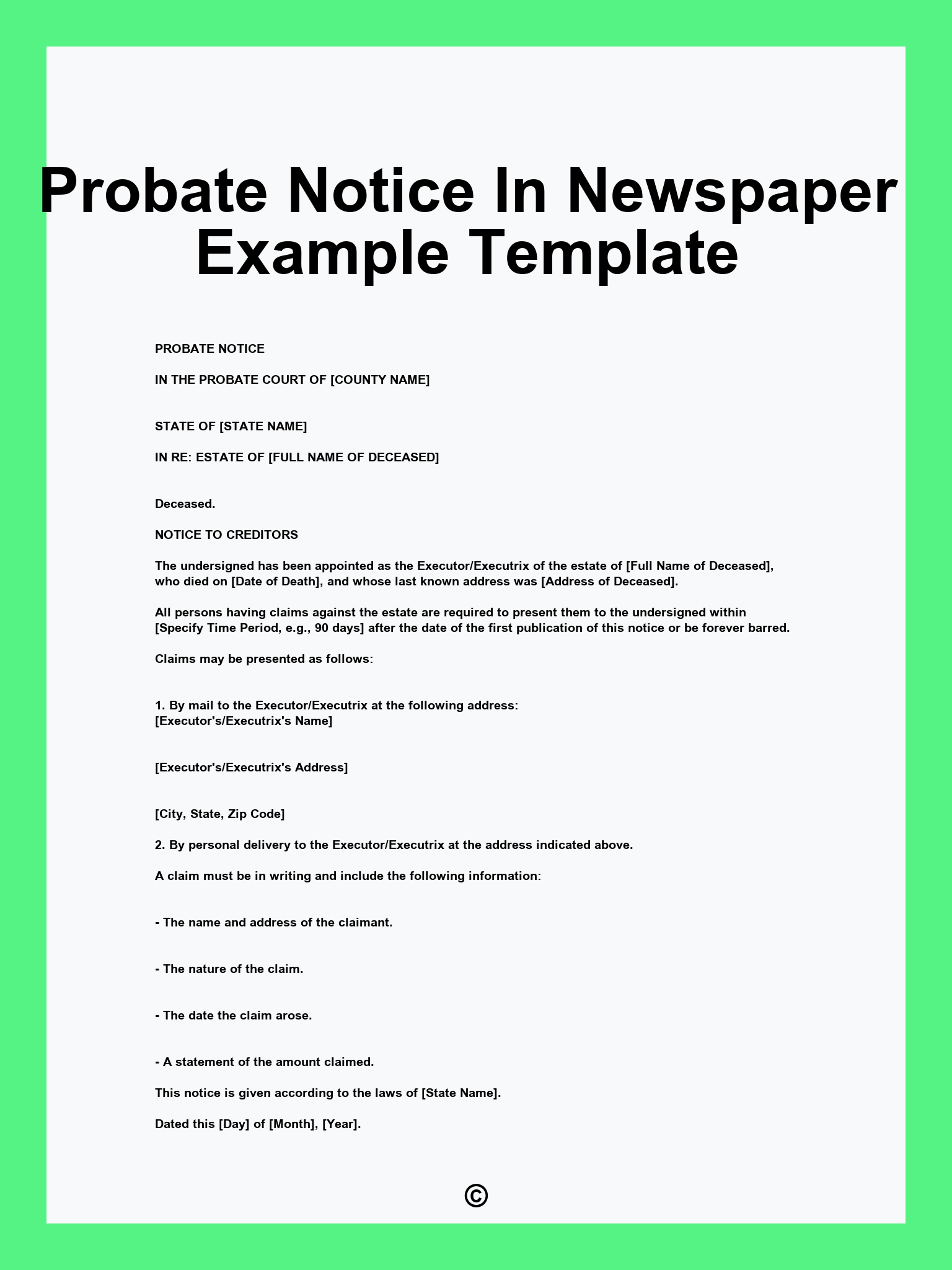 Probate Notice In Newspaper Example Template