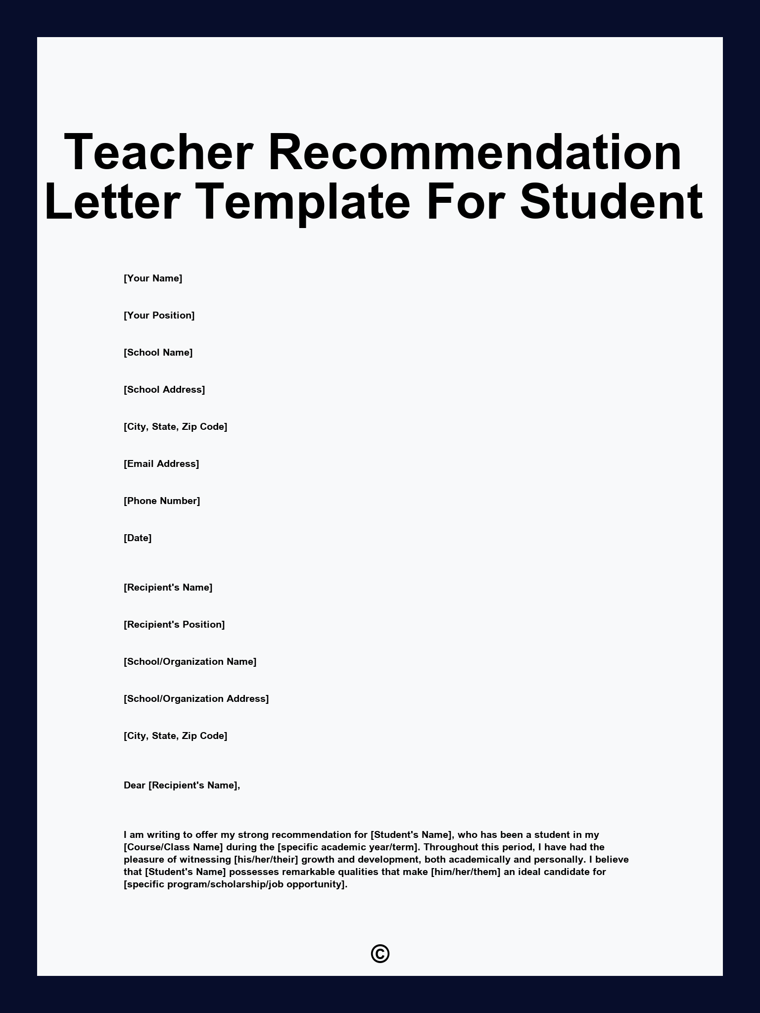 Teacher Recommendation Letter Template For Student