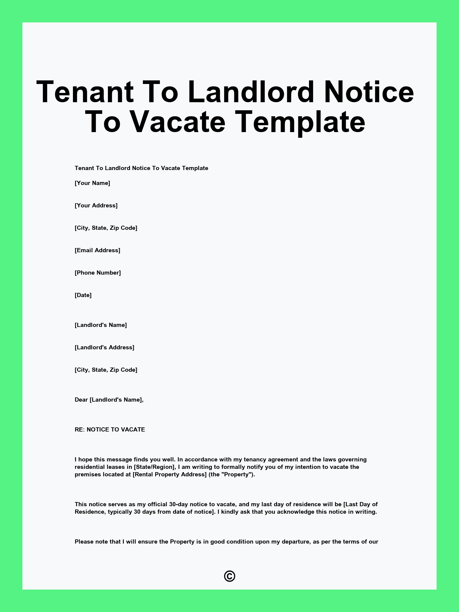 Tenant To Landlord Notice To Vacate Template